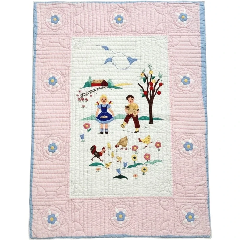 C.1930s Hand Appliqué Quilt Farm Children Pictorial Folk Art 63.5